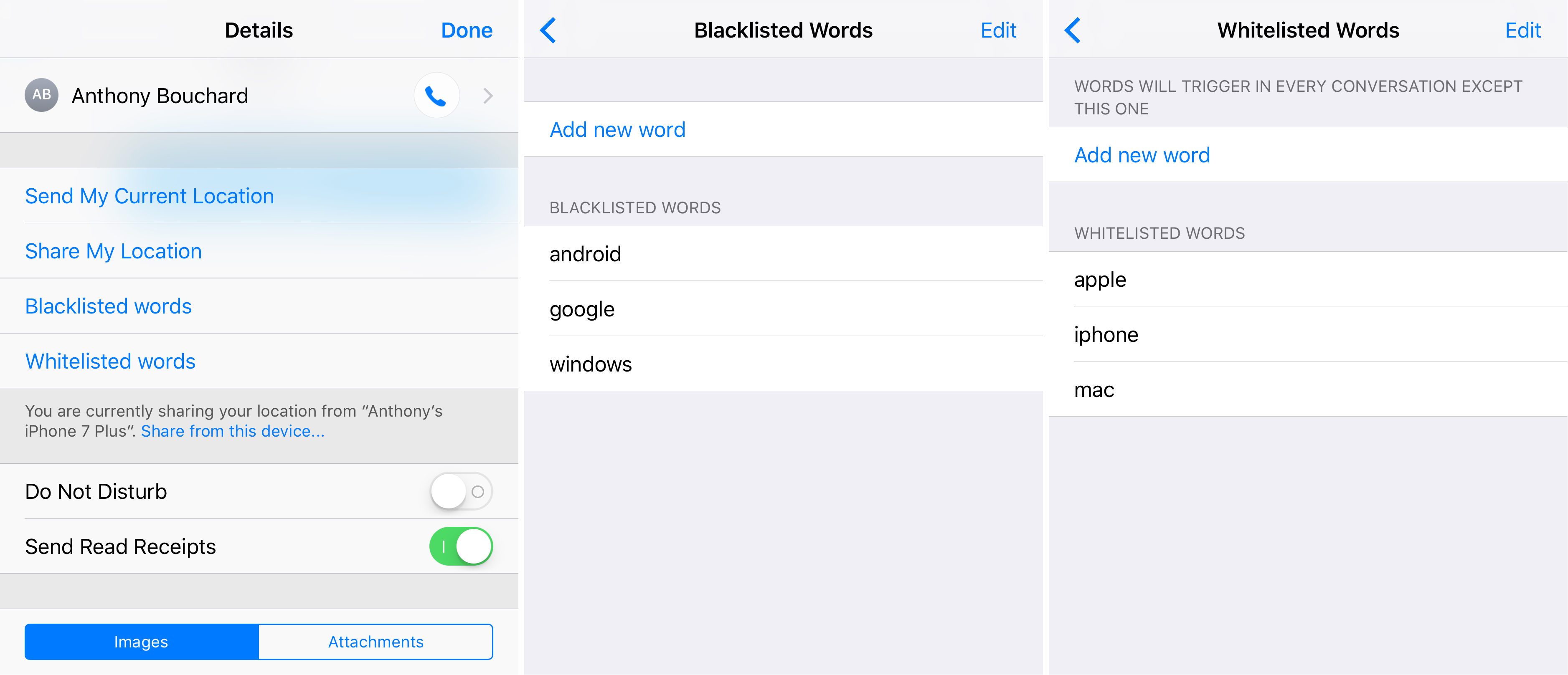 MessageFilter blacklist and whitelist words for specific conversations