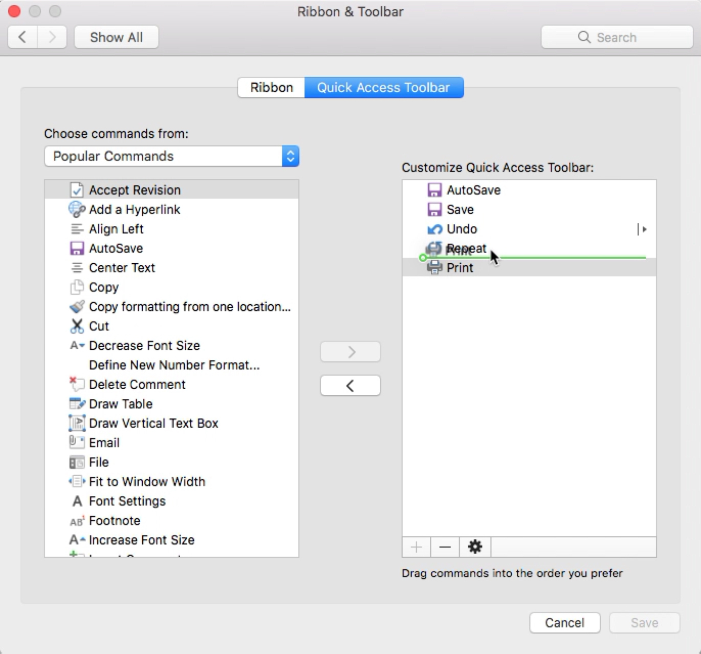 How to customize the Quick Access Toolbar in Word and Excel on Mac