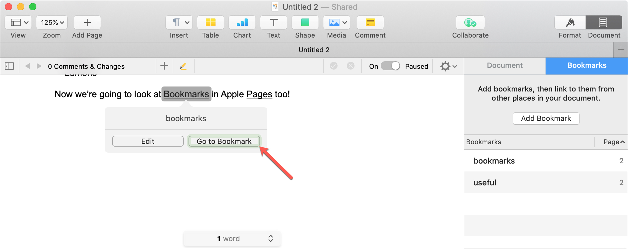 Use bookmarks in Apple Pages for jumping to spots in your documents