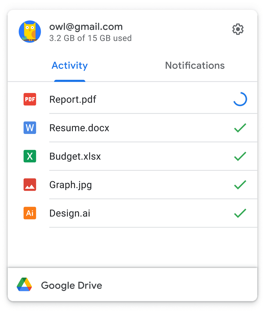 A macOS screenshot showing the Activity menu in the Google Drive desktop client for Mac