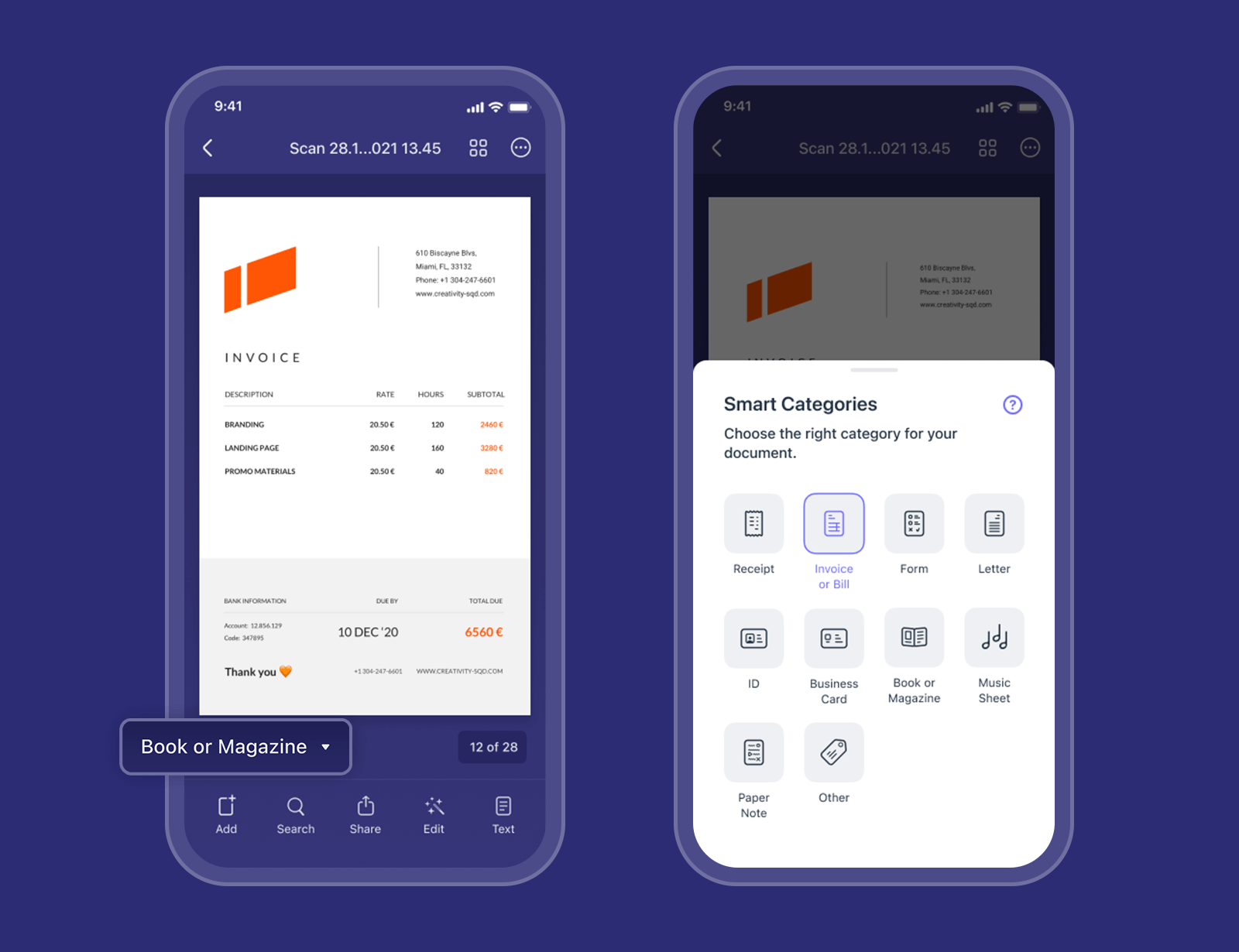 Promotional graphic from Readdle showing category selection and the Smart Categories feature on iPhone