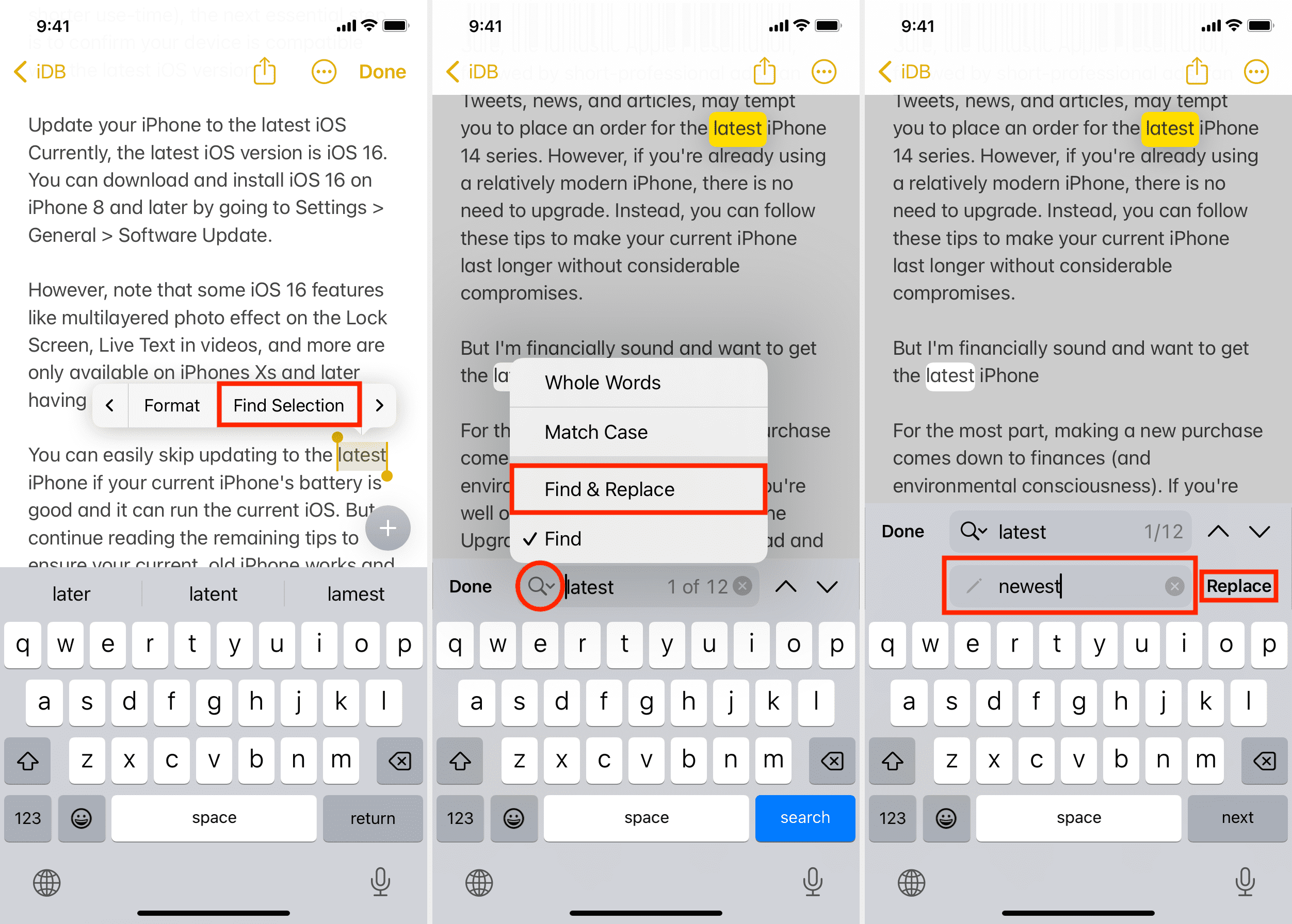 How to use Find & Replace text in iPhone Notes app
