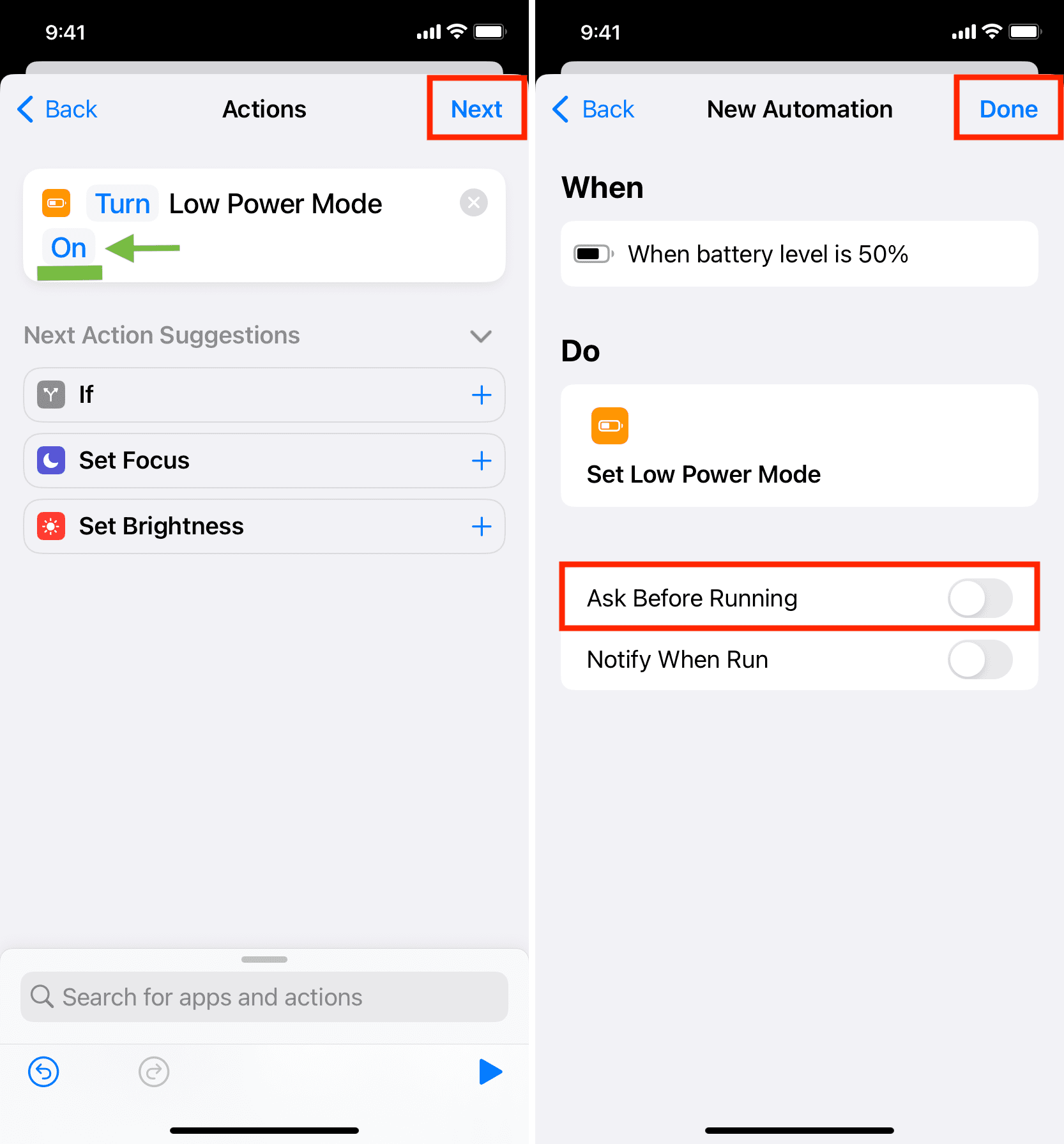 How to autoenable Low Power Mode when iPhone reaches 50