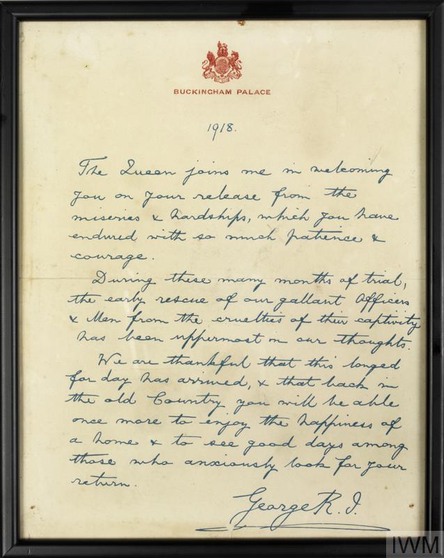 framed letter from King V to all returning British prisoners of