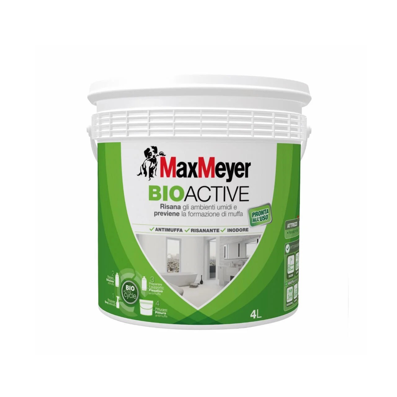 Pittura murale traspirante antimuffa MAX MEYER Bioactive bianco 4 L