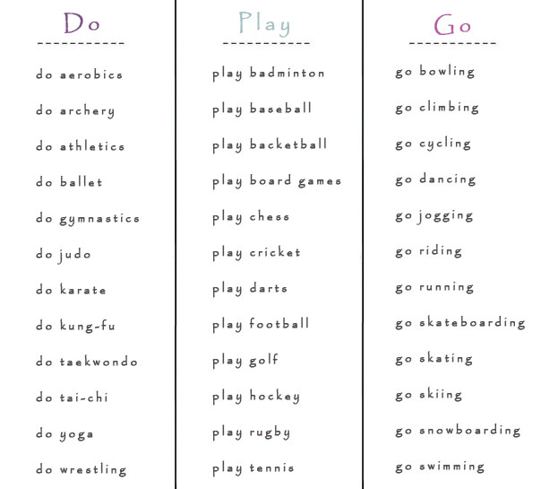 Do, Play or Go with Various Sports learn English,english,verb,grammar
