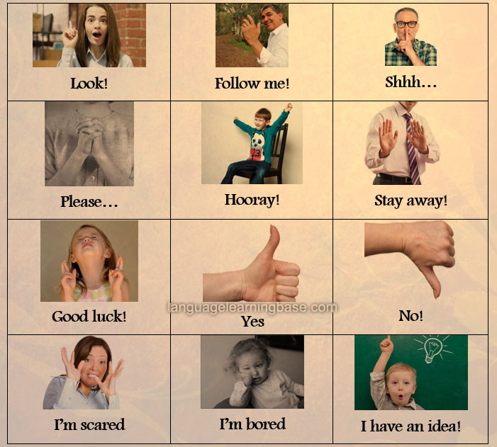 English flashcards illustrating gestures learn English,english