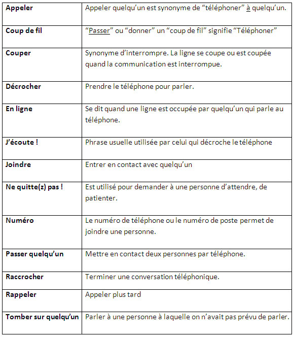Vocabulaire et expressions téléphoniques. Stratégies pour résoudre un