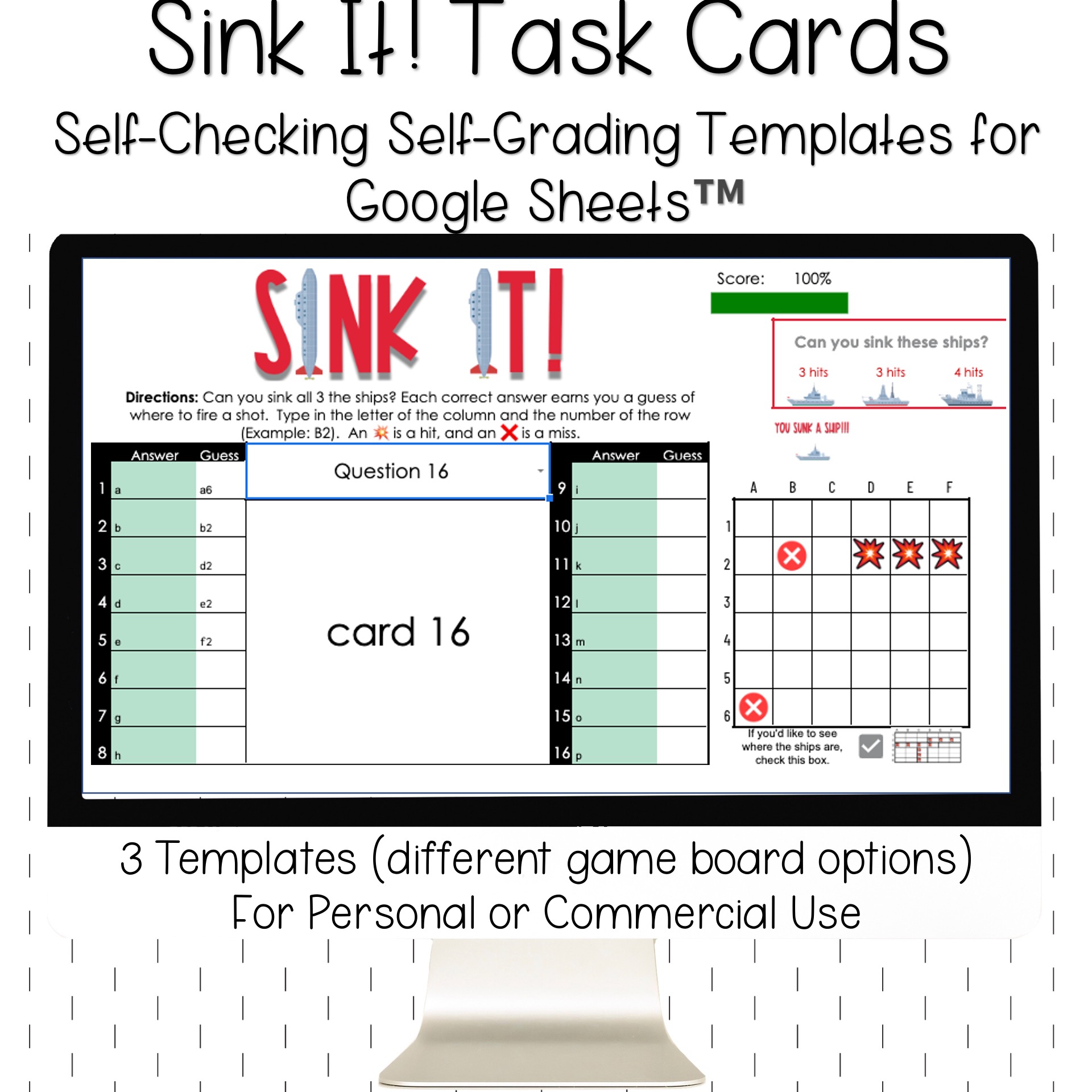 SelfGrading SelfChecking Sink It! Game Template for Google Sheets