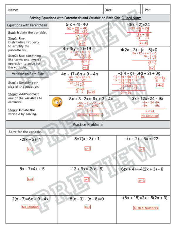 Solving Multi-Step Equations with Parenthesis/Variable on Both Side