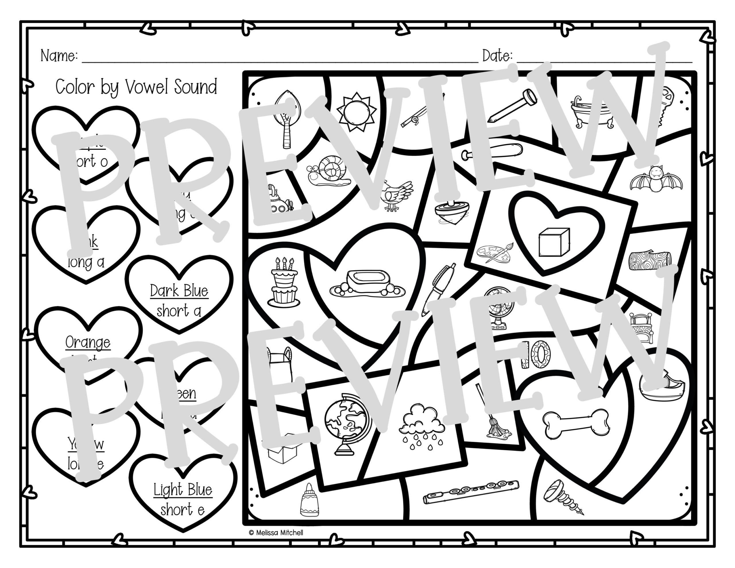 Valentine's Day Color by Long and Short Vowel Sounds Made By Teachers