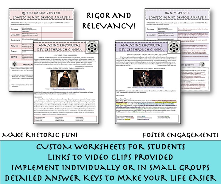 Rhetoric Through Cinema Bundle Engaging SOAPSTone, Appeals, & Devices Analysis Made By Teachers