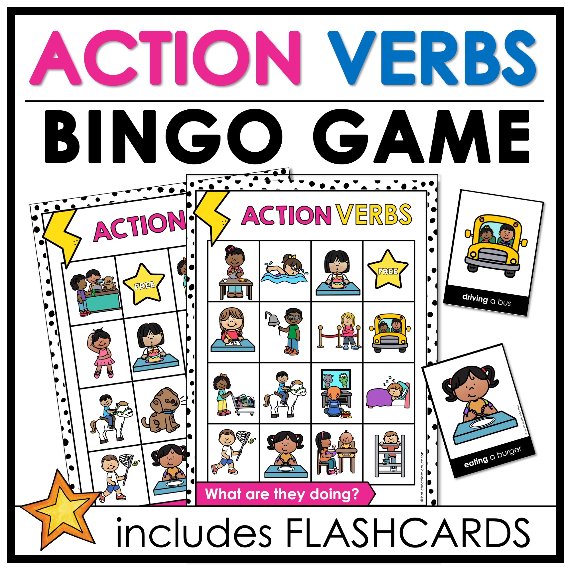 Action Verbs Bingo Game Classroom Present Tense Verb Activity & Flashcards Made By Teachers