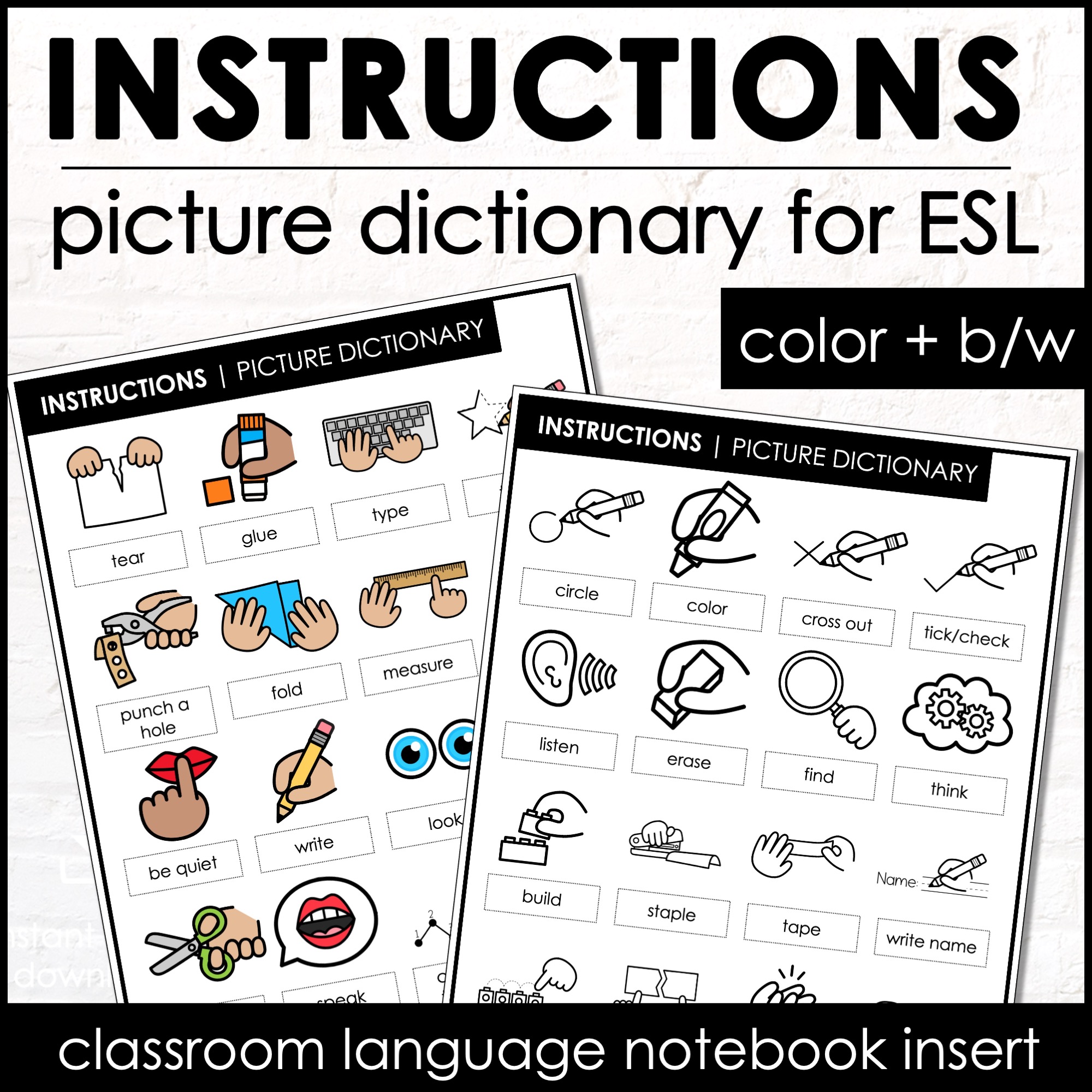 ESL Classroom Instructions Picture Dictionary Vocabulary Notebook