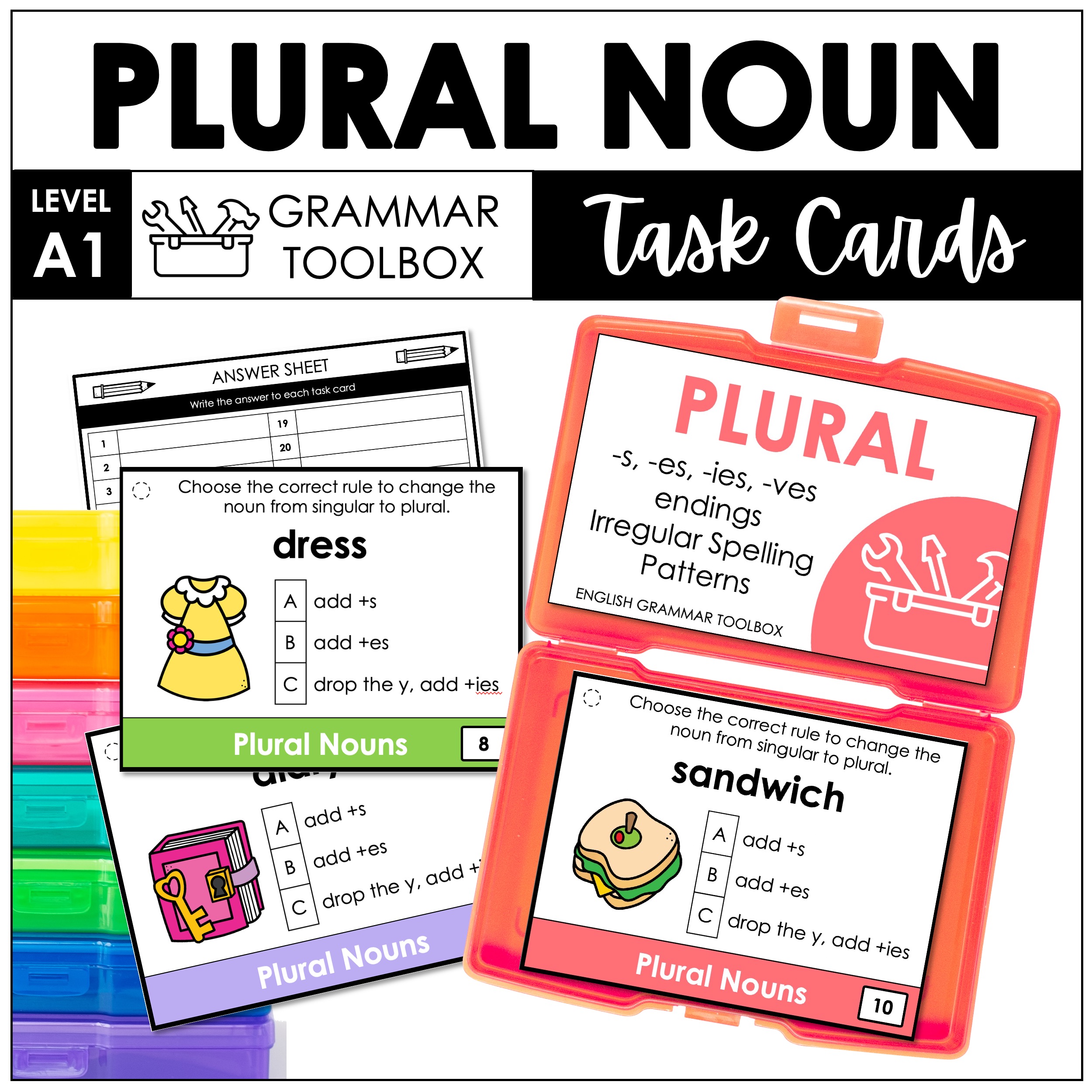 Plural Noun Spelling Rules Task Cards Add +s +es +ies +ves GRAMMAR