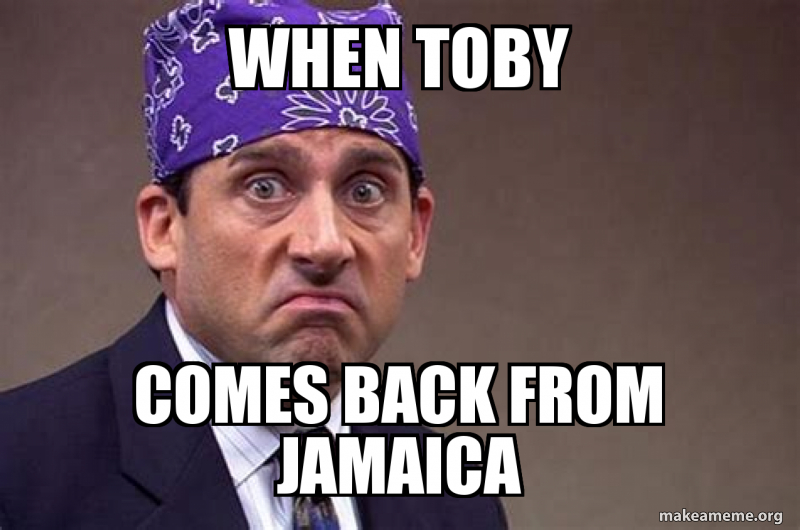when toby comes back from jamaica michael scott hates toby meme