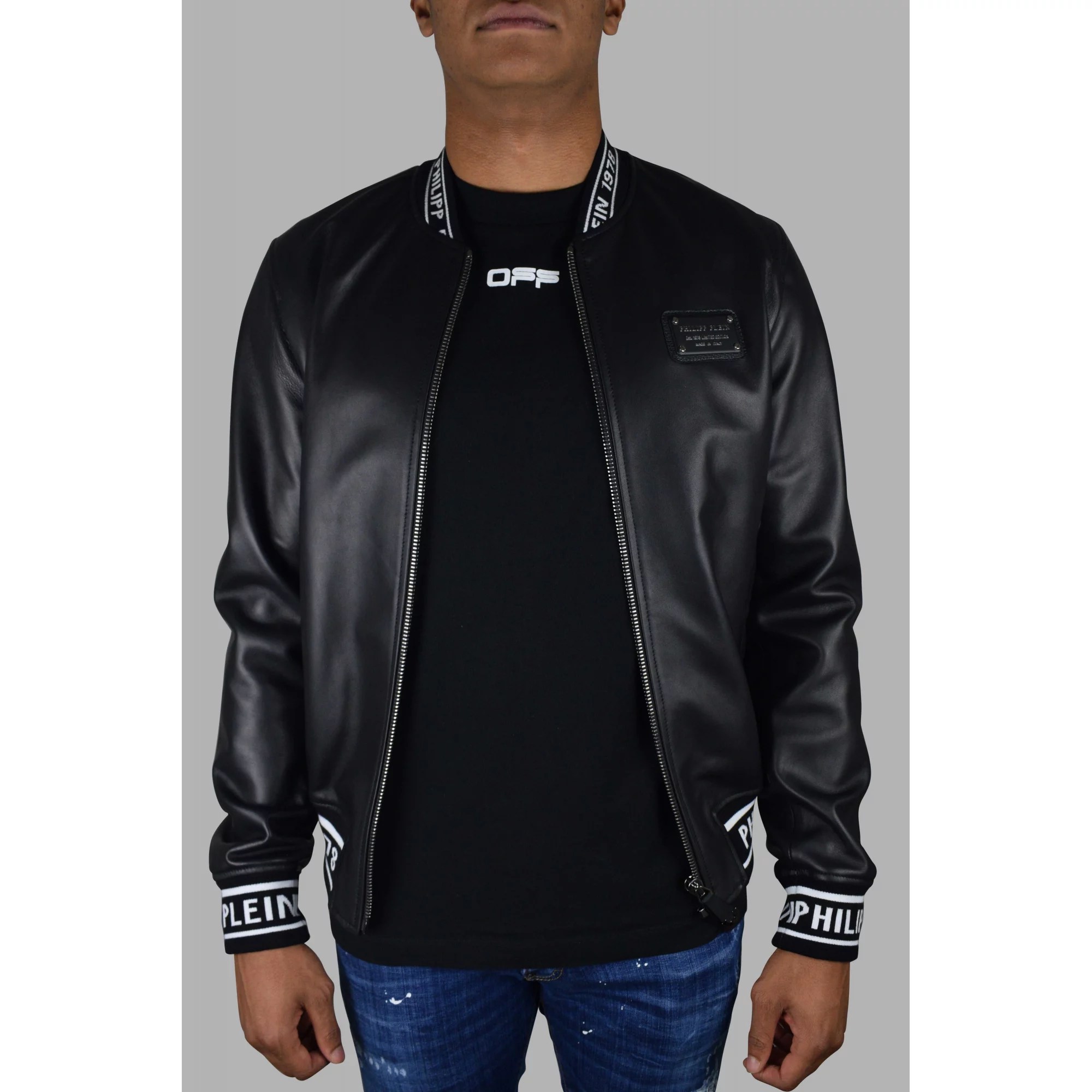 Giacca a marchio uomo Bomber Philipp Plein in pelle nera