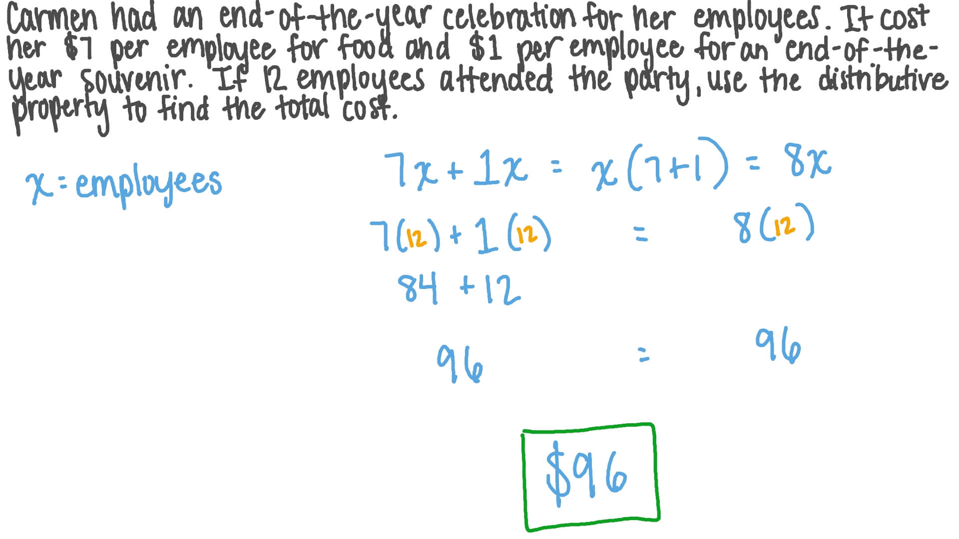 Question Video: Solving Word Problems Involving the Distributive