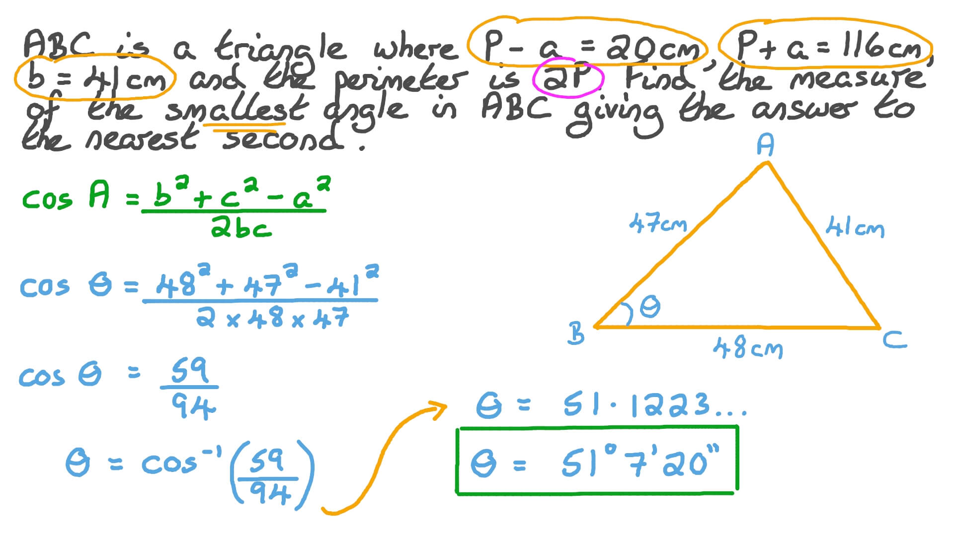Question Video Using the Law of Cosines to Calculate the Measure of
