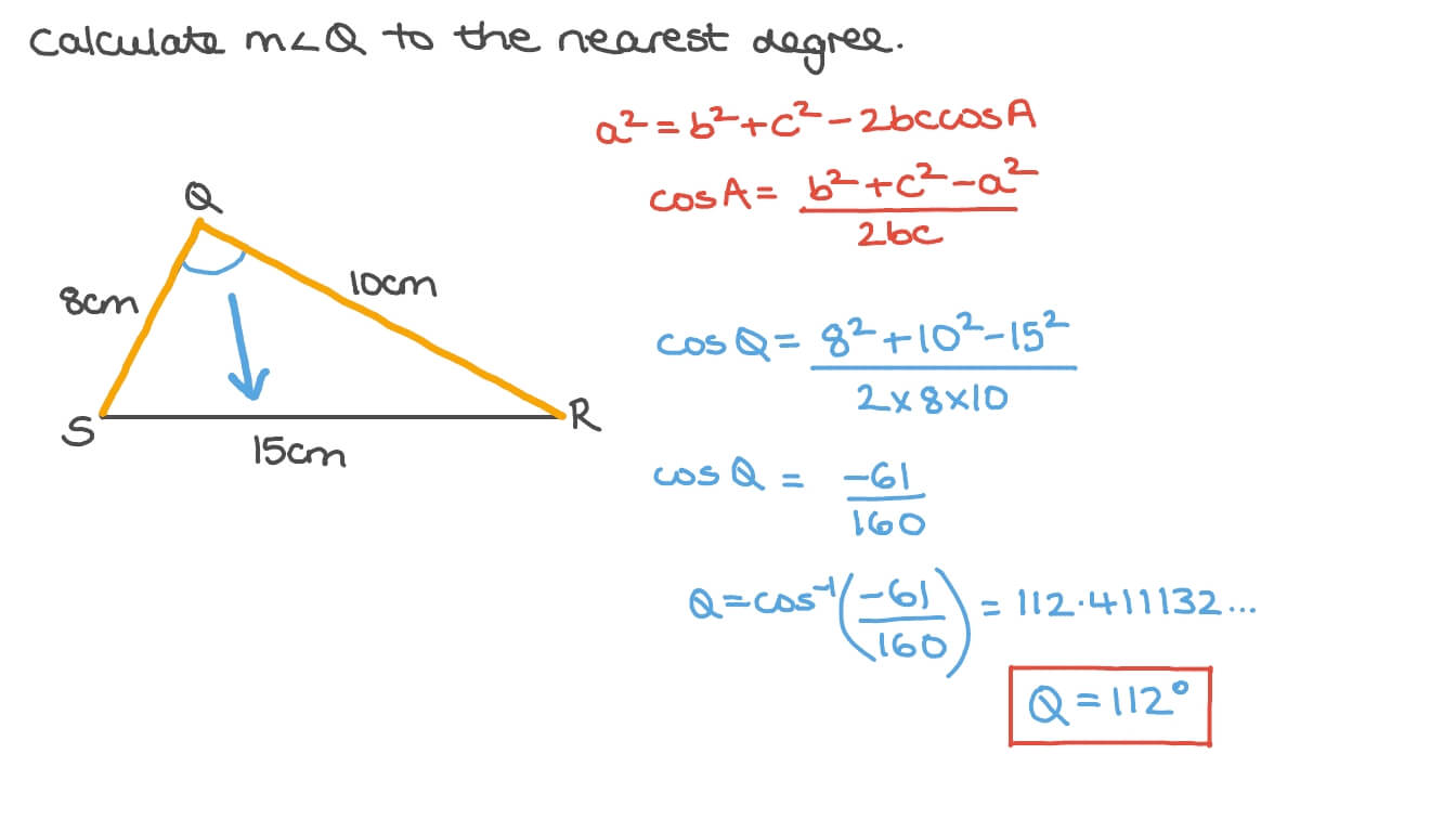 Question Video Using Cosine Role to Calculate an Unknown Angle of a