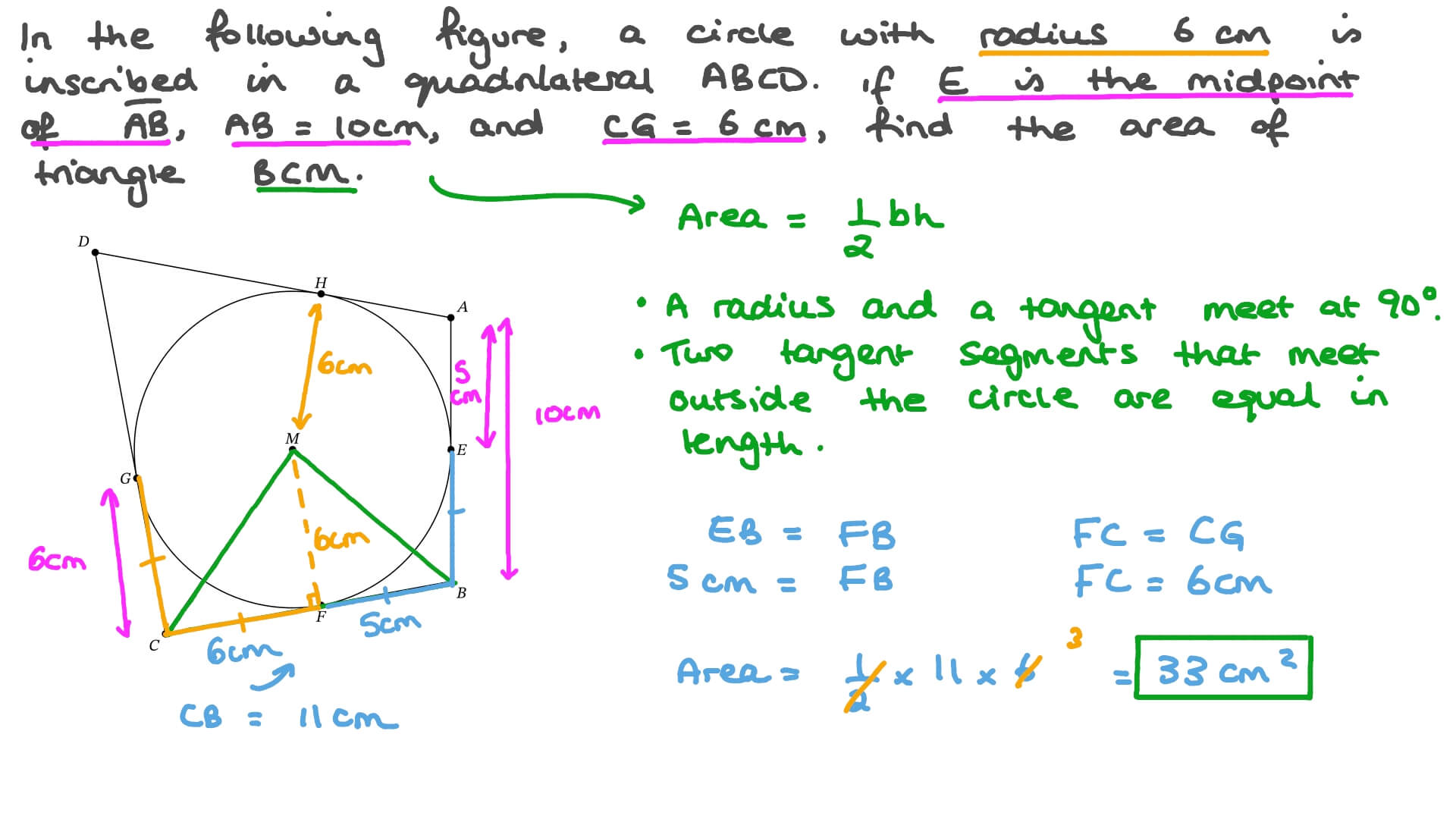 Question Video Finding the Area of a Triangle Given a Circle Inscribed