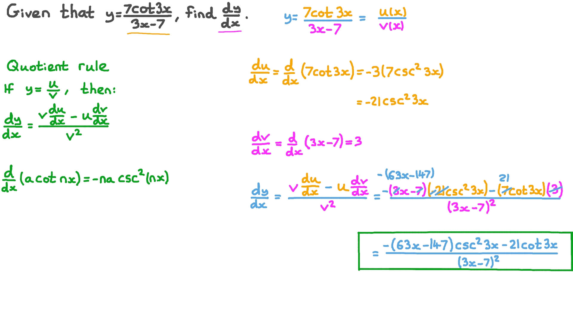 Question Video Finding the First Derivative of the Quotient of Trigonometric and Linear