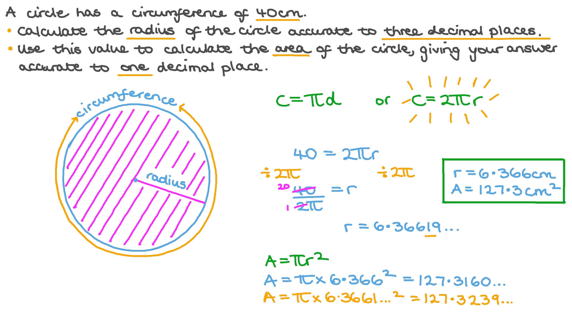 Question Video Finding the Radius and Area of a Circle Given Its