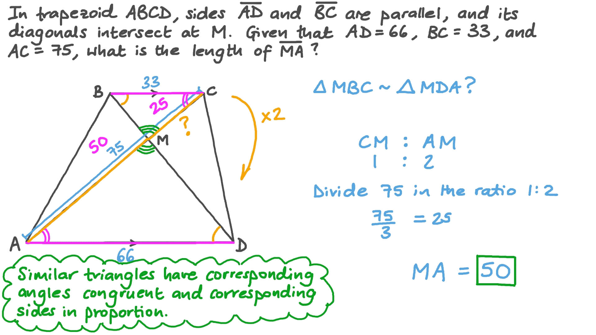 Question Video Finding the Length of the Diagonal of a Trapezoid given