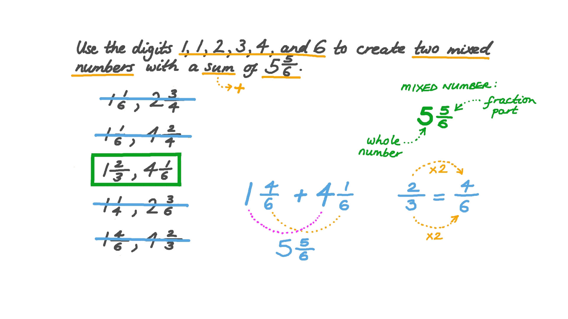 Question Video Creating Two Mixed Numbers given Certain digits and