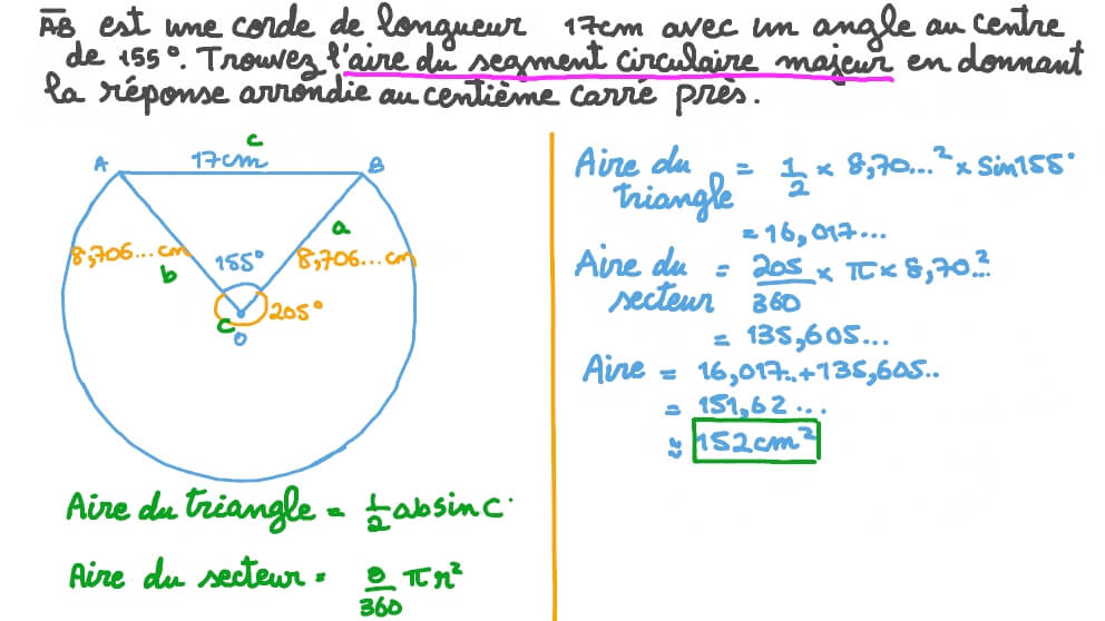 Vidéo question Déterminer l’aire d’un segment circulaire majeur Nagwa
