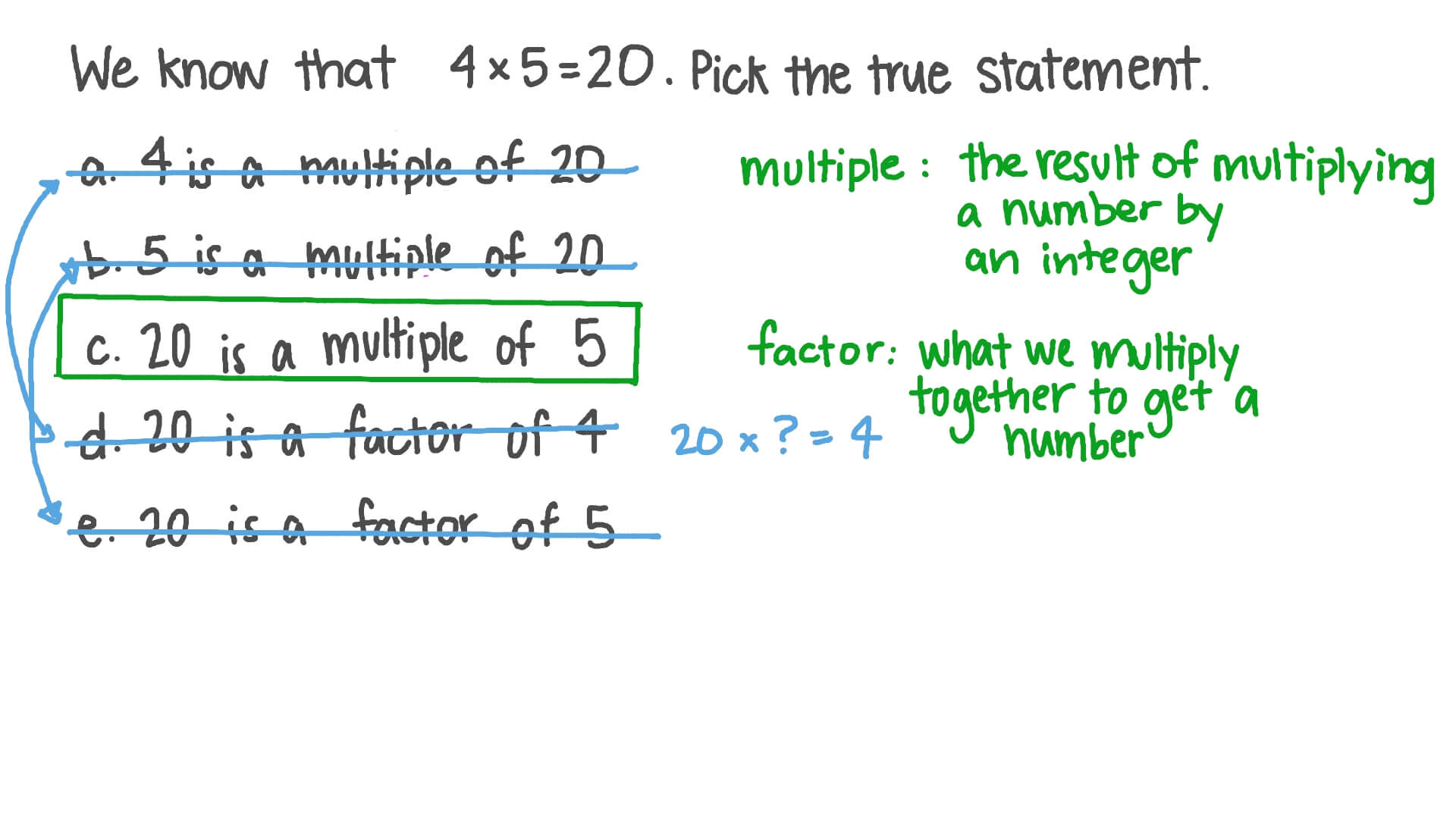 Question Video Using Multiplication Equations to Identify Factors and
