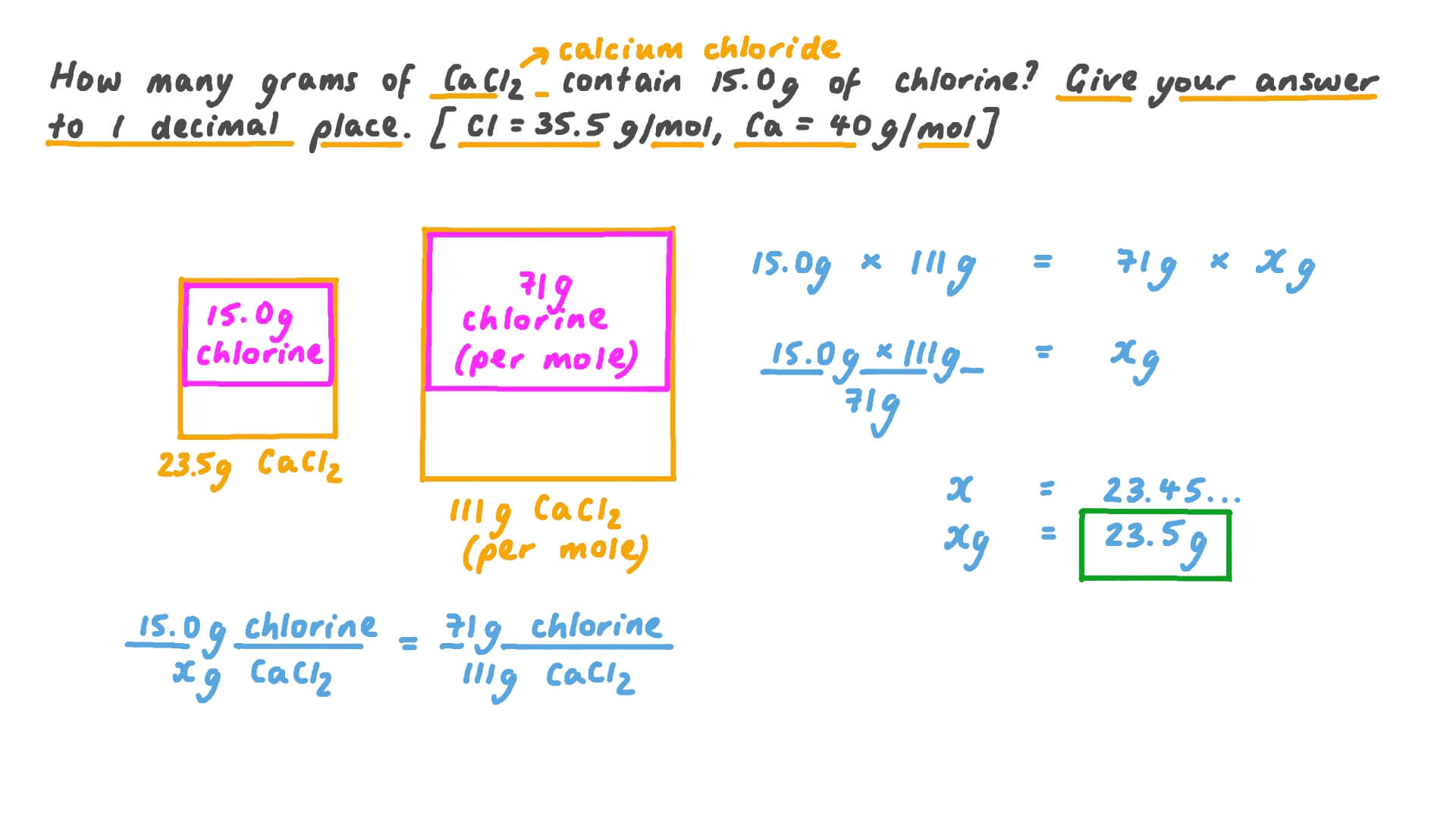 Question Video: Calculating The Mass Of Calcium Chloride That Contains A Given Mass Of Chlorine | Nagwa