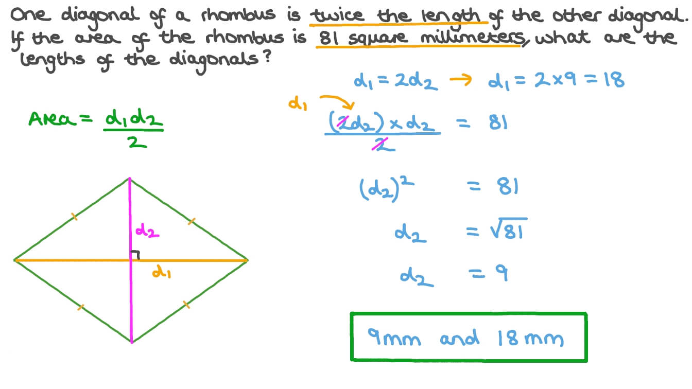 Question Video Calculating a Rhombus’s Diagonal Length Using Its Area