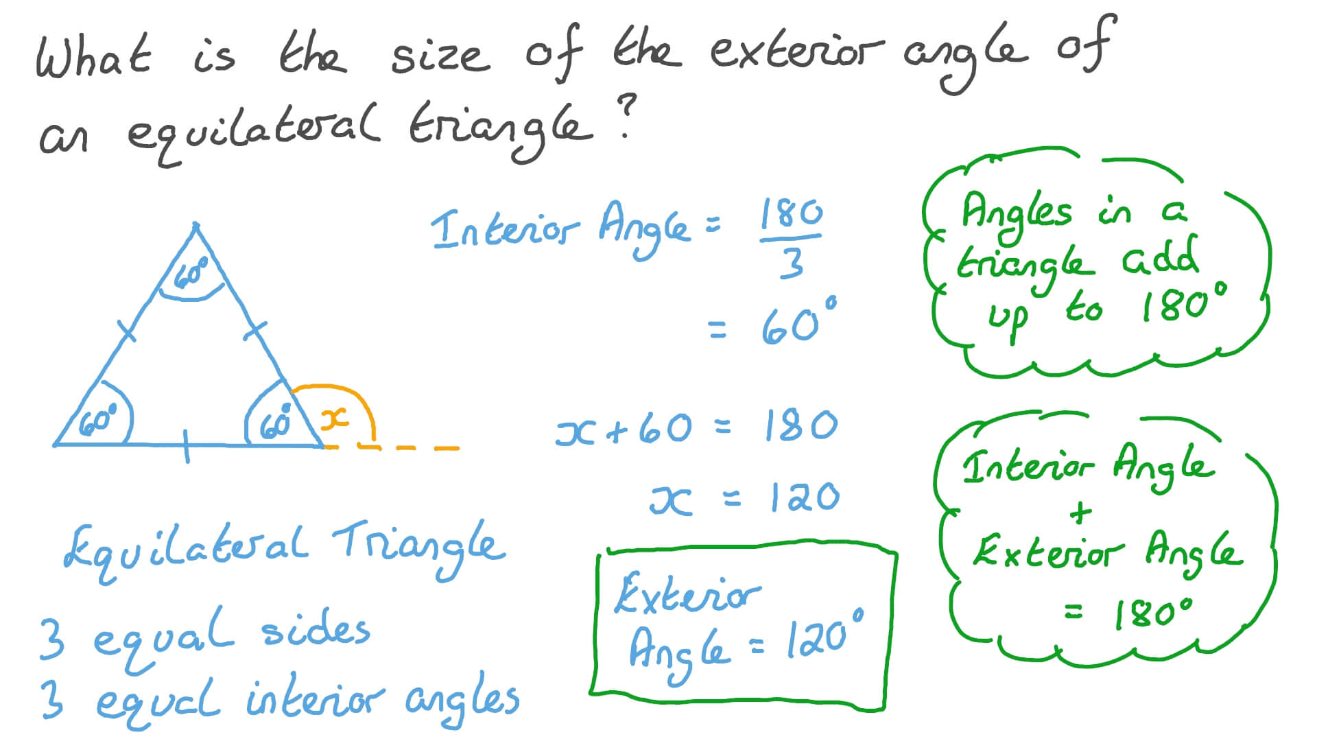 Question Video The Size of the Exterior Angle of an Equilateral Triangle Nagwa