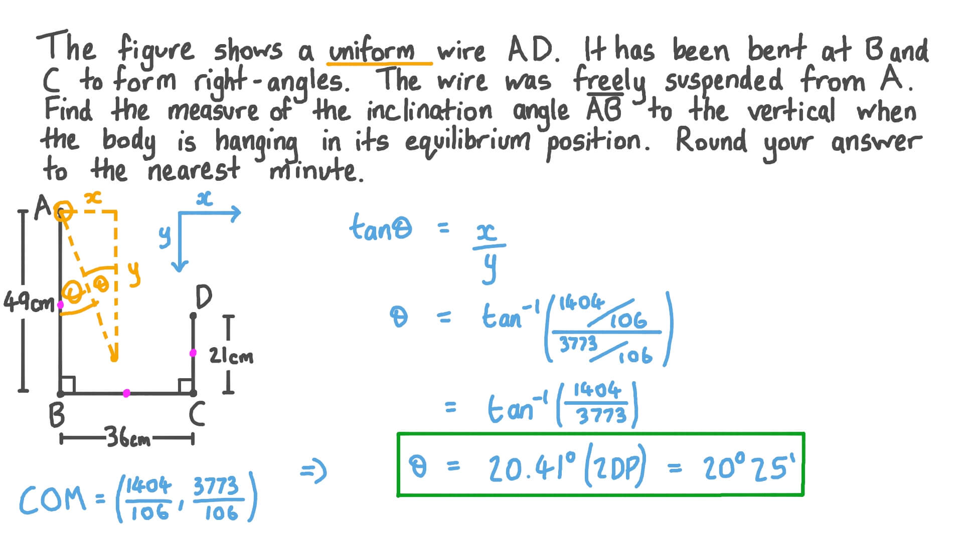 Question Video Using the Center of Mass Formula for Uniform Rods to