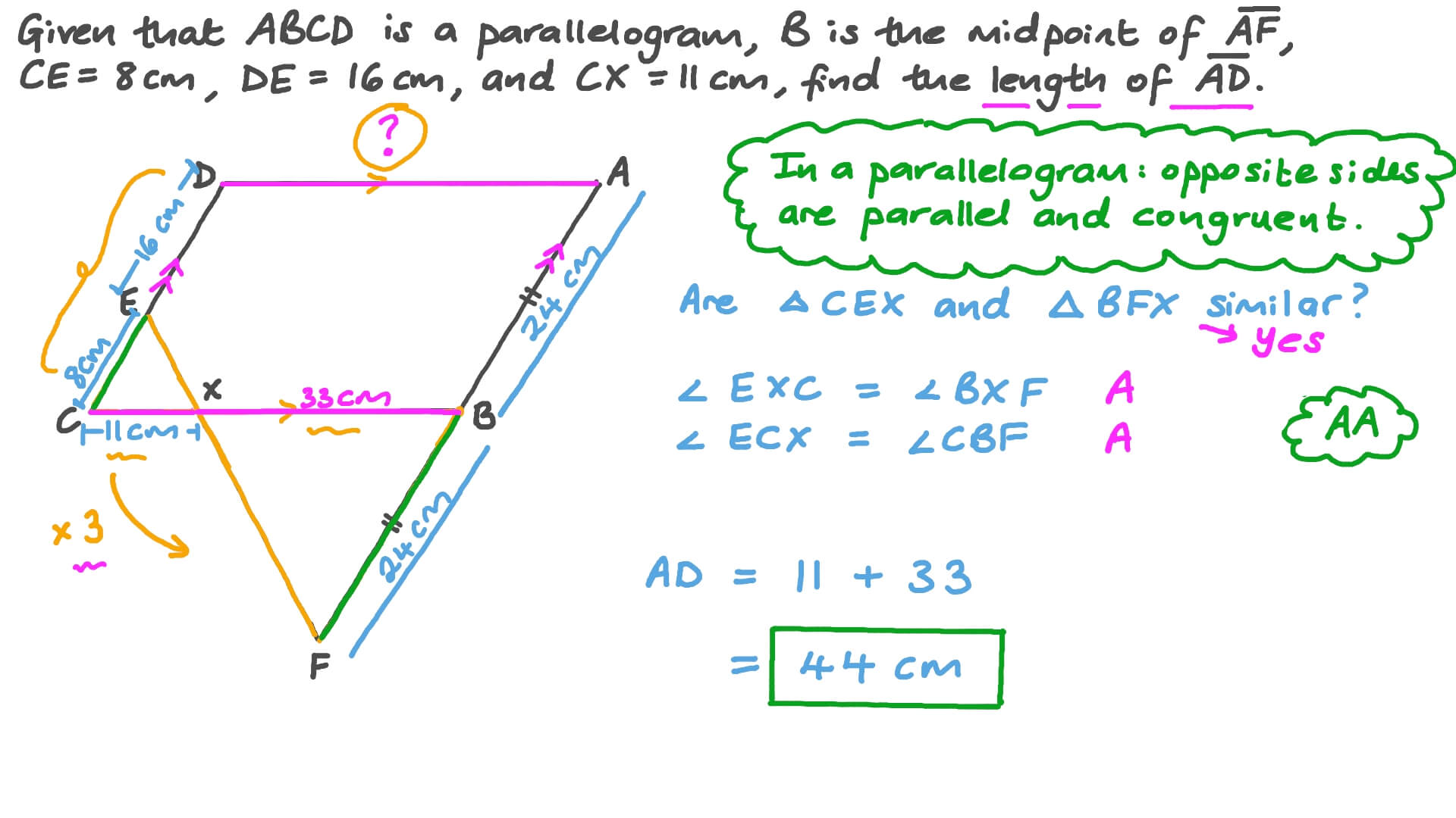 Question Video Finding the Side Length of a Parallelogram Using the
