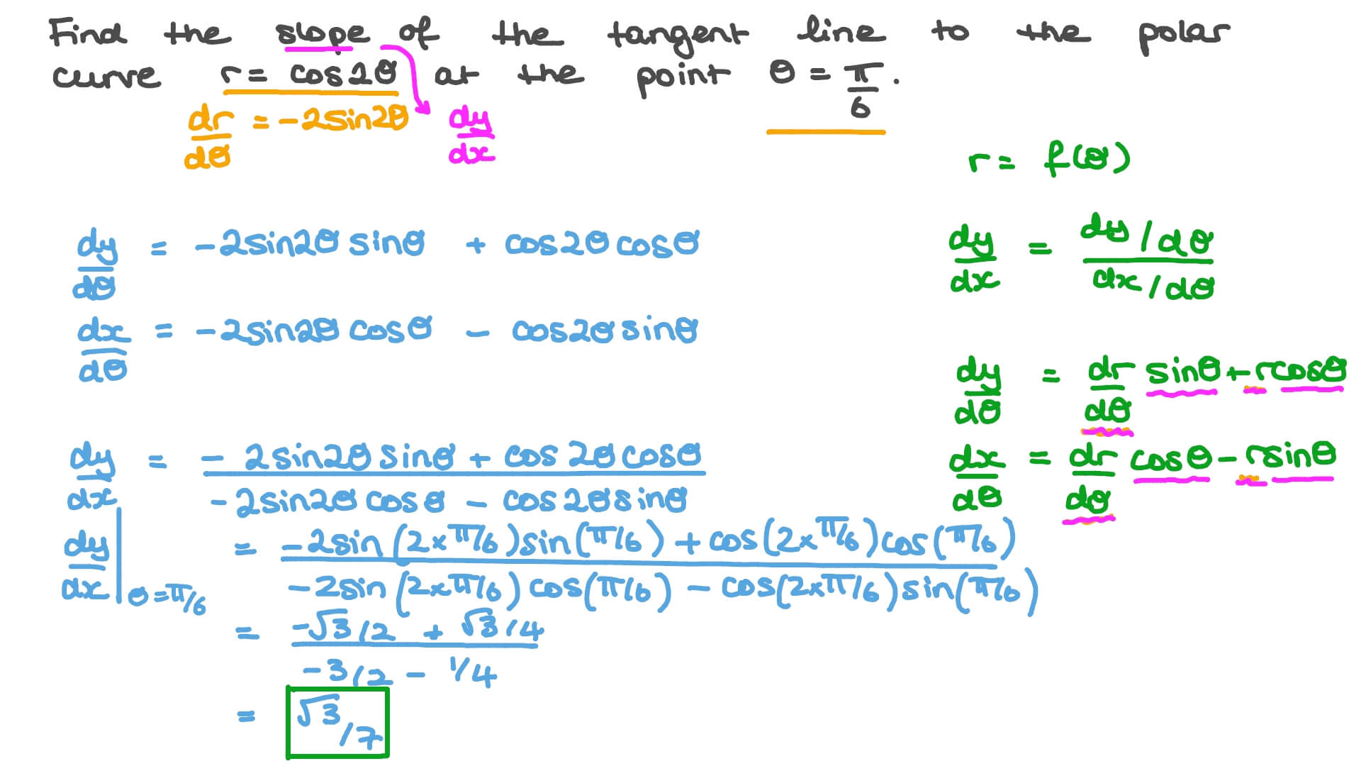 Question Video Finding the Slope of the Tangent to a Polar Curve at a