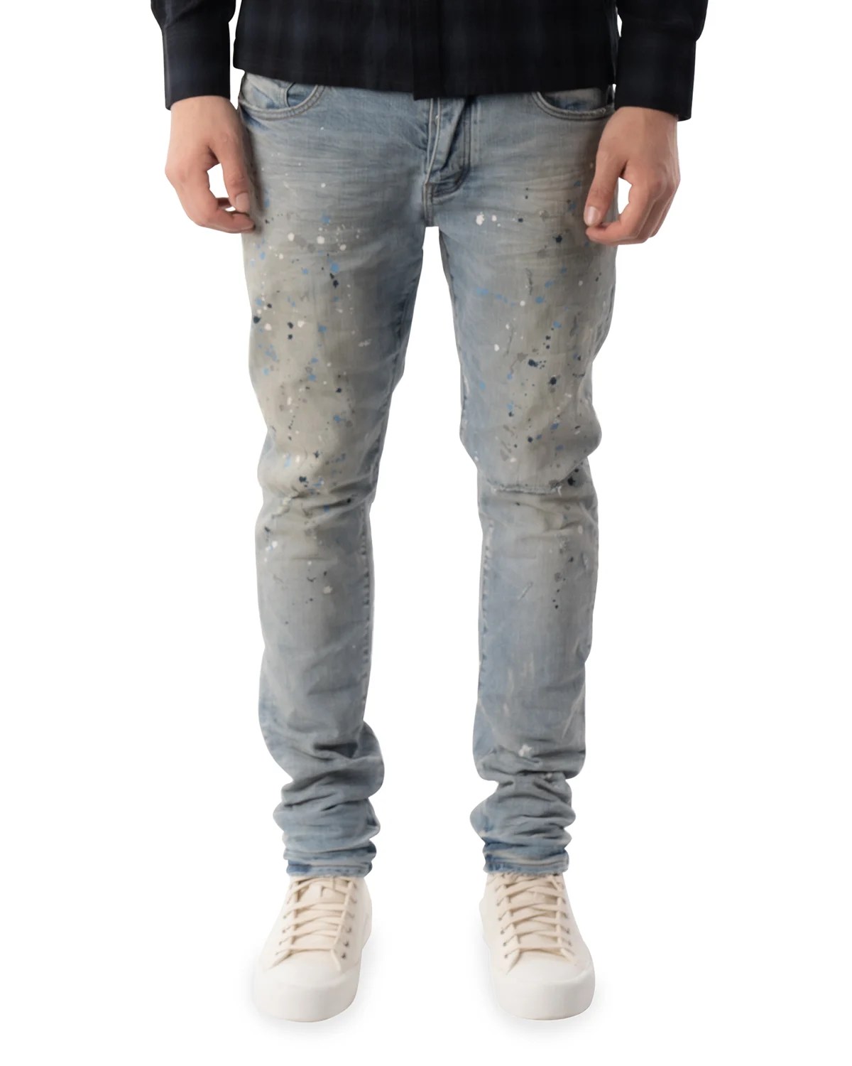 PURPLE Men's PaintSplatter Skinny Jeans, Knee Slits Neiman Marcus