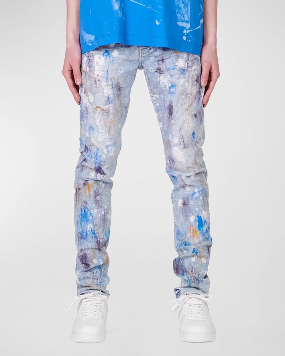 PURPLE Men's Ripped Paint Splatter Skinny Jeans Neiman Marcus