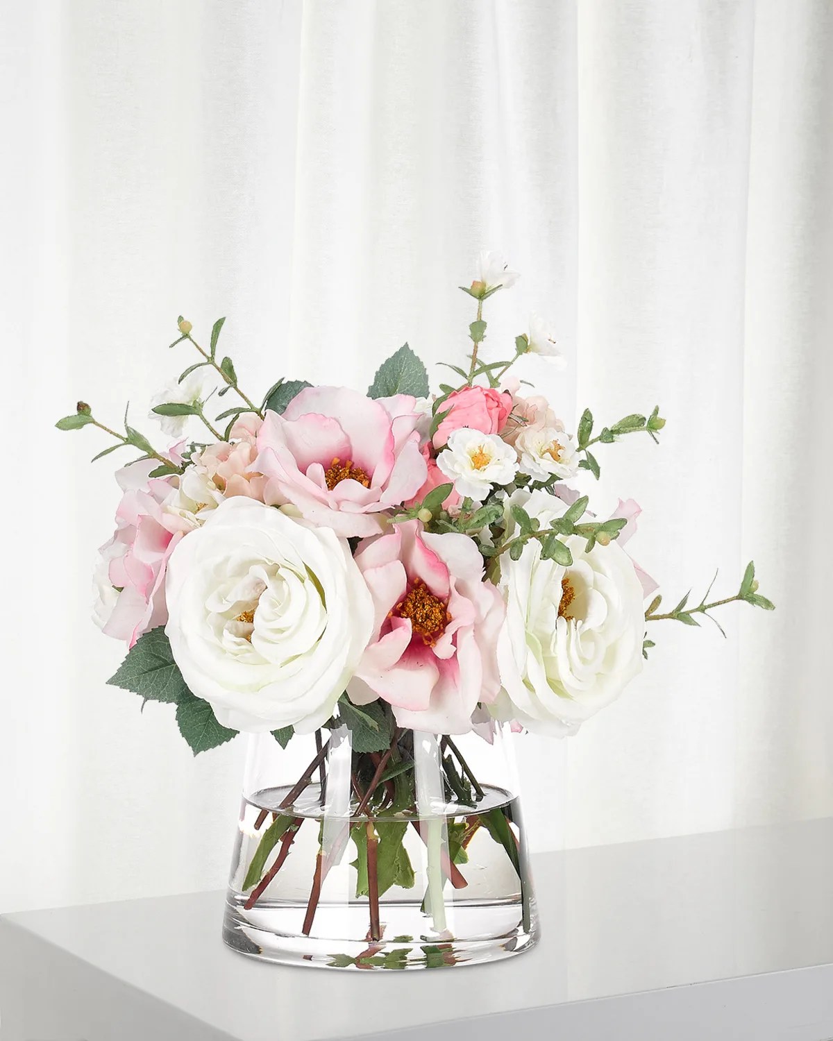 NDI Peony Hydrangea FauxFloral Arrangement in Glass Urn, 32wx30dx38h