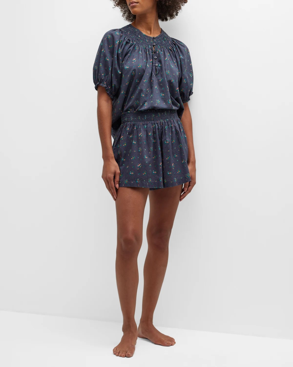 The Great The Smocked FloralPrint Sleep Shorts Neiman Marcus