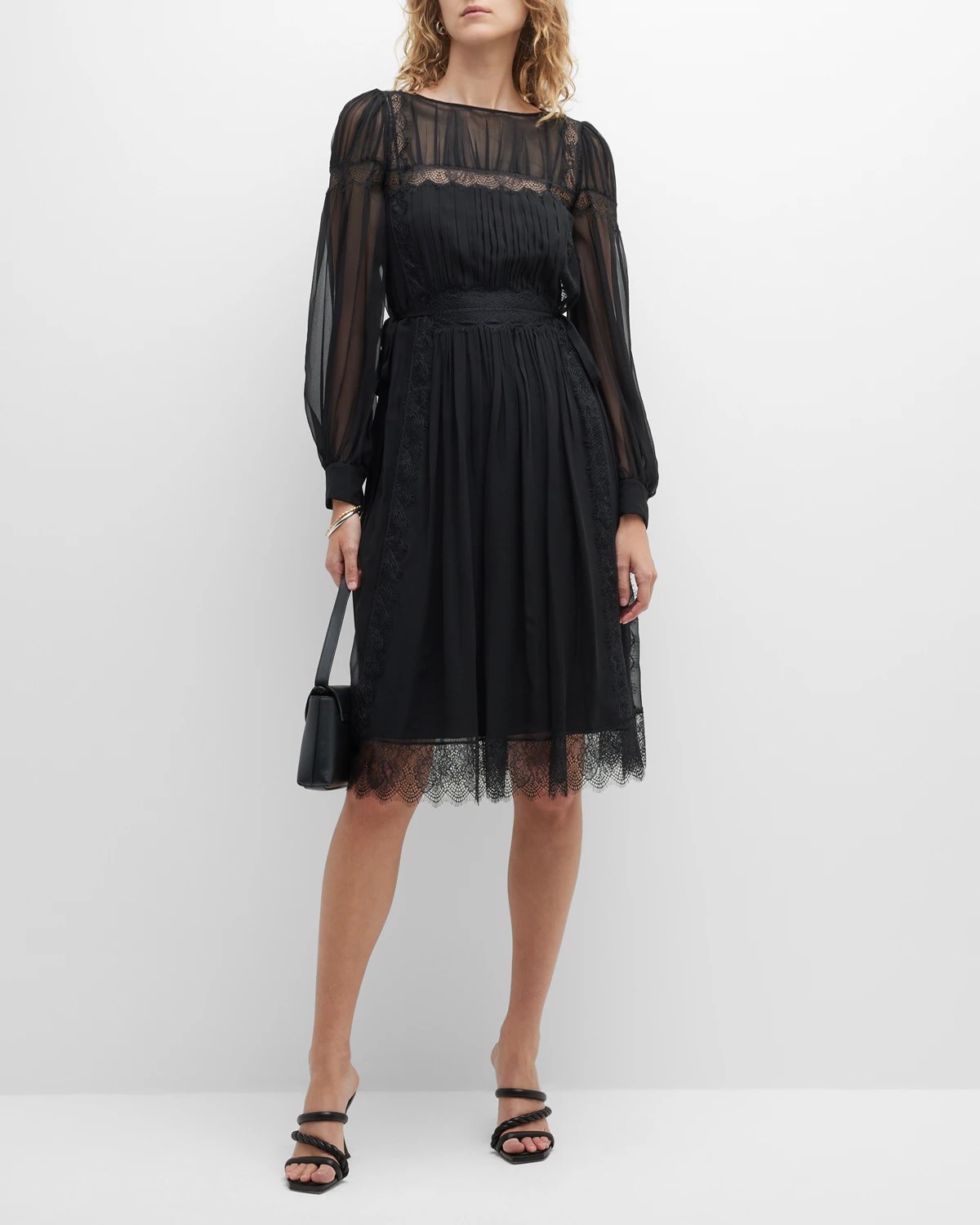 Alberta Ferretti Lace Pleated Chiffon Belted Dress Neiman Marcus