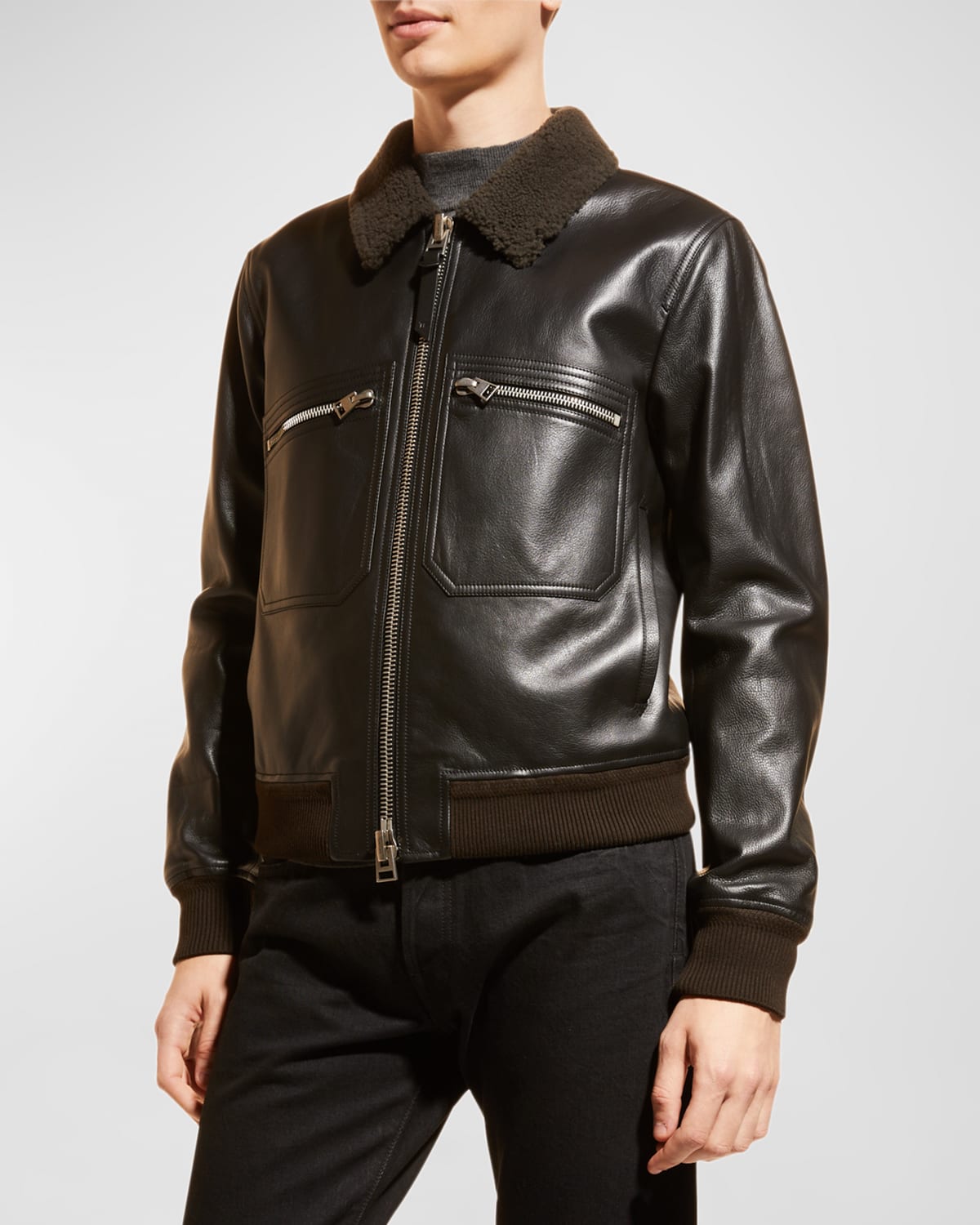 Stefano Ricci Men's ShearlingCollar Leather Bomber Jacket Neiman Marcus