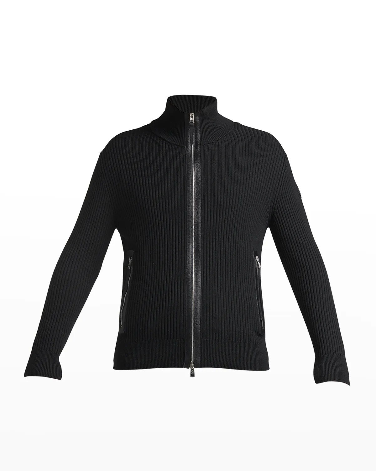 Moncler Men's Ribbed Cardigan with Leather Trim Neiman Marcus