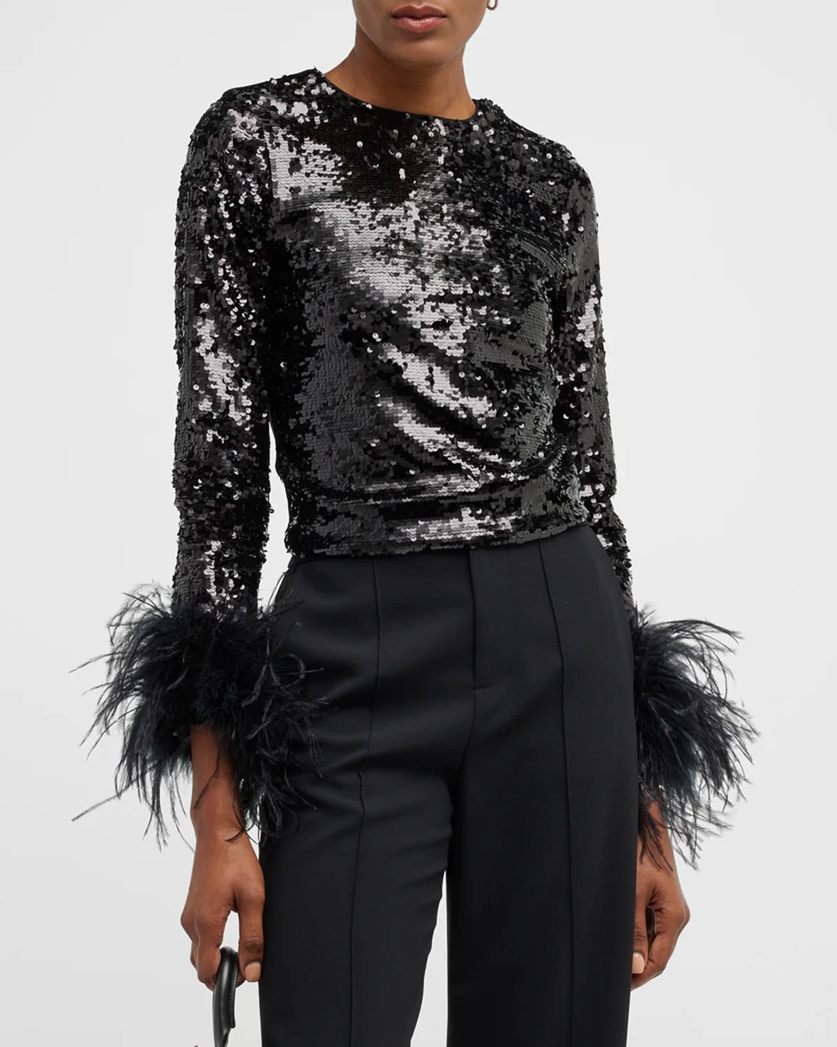 Alice + Olivia Delora Sequin Mini Dress with Feather Cuffs Neiman Marcus