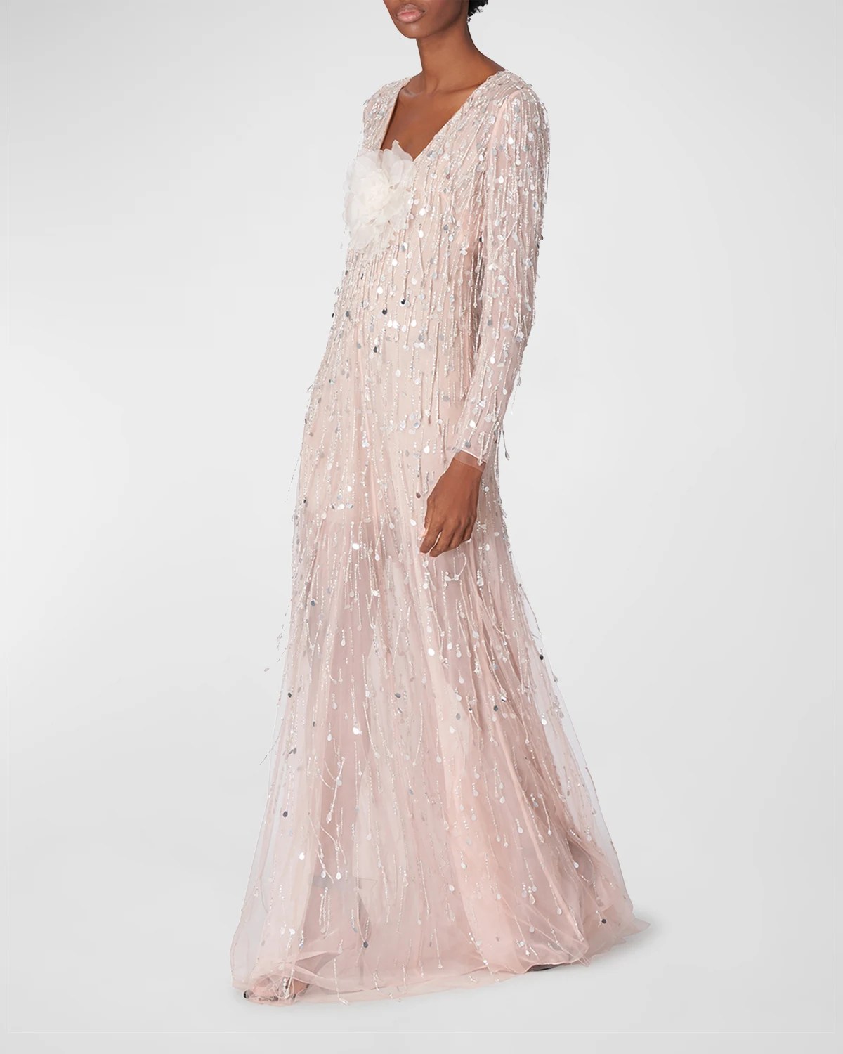 Marchesa Plunging Floral Applique Beaded Tulle Maxi Dress Neiman Marcus