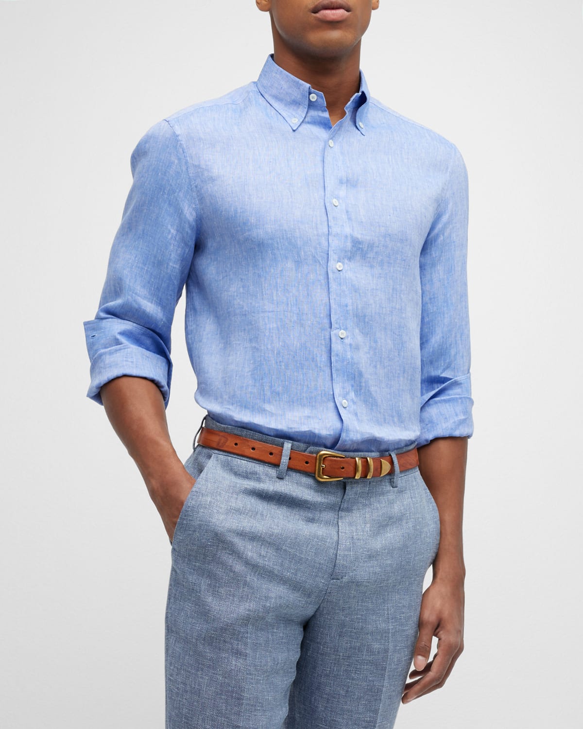 Brunello Cucinelli Men's PlaidPrint Linen Sport Shirt Neiman Marcus