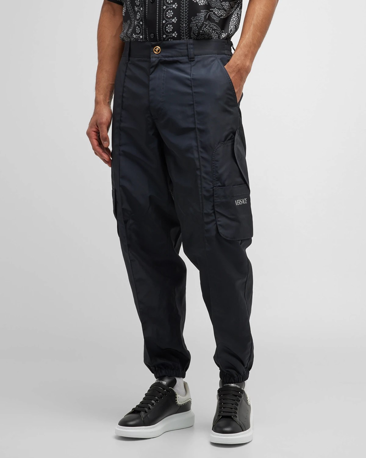 Versace Men's Tech Canvas AlloverLogo Cargo Pants Neiman Marcus