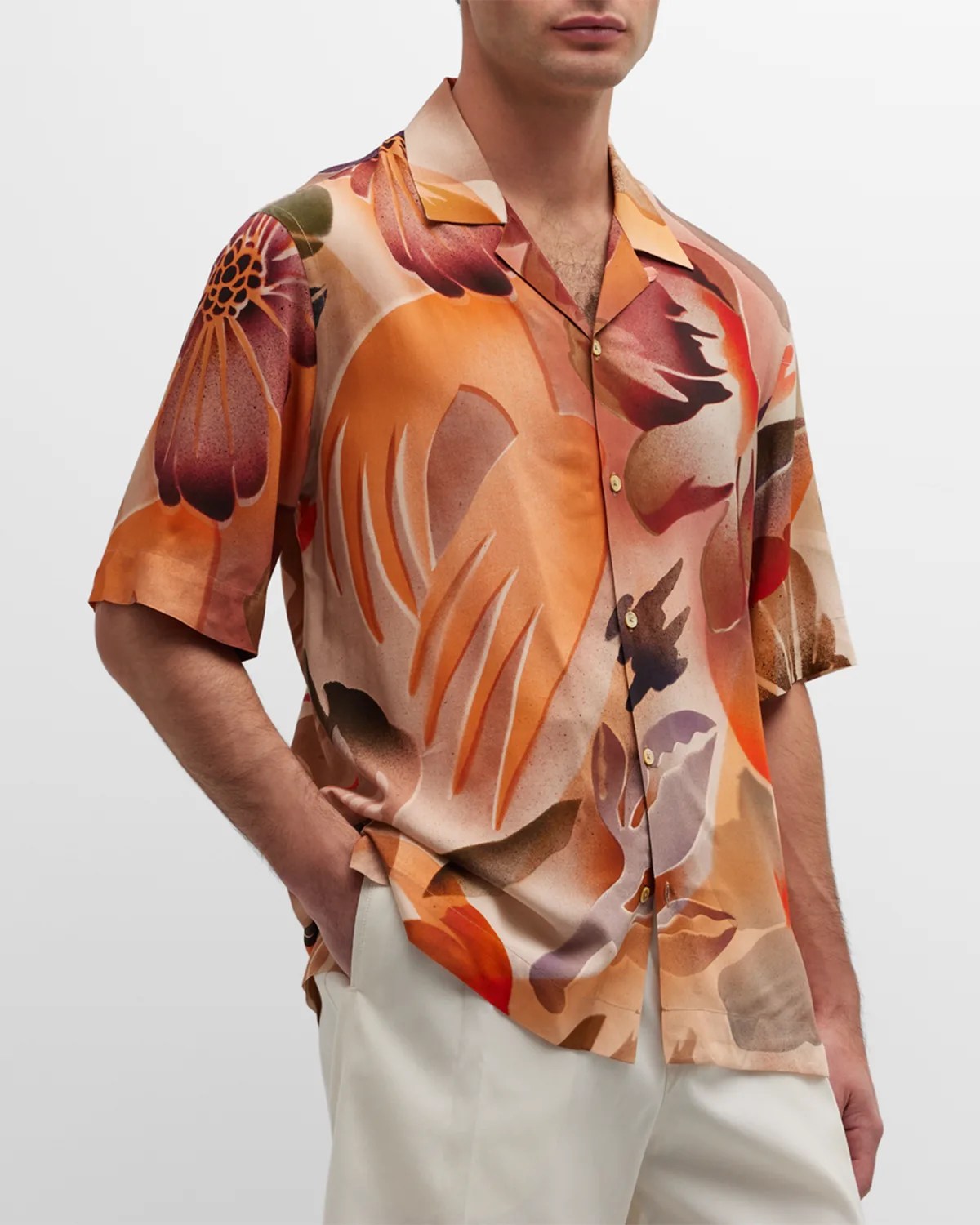 Canali Men's Terra Cotta FloralPrint Camp Shirt Neiman Marcus