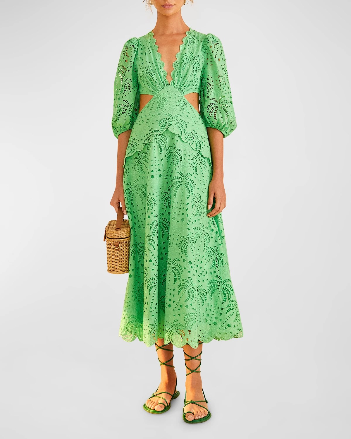 Farm Rio Heliconia Red Cutout PuffSleeve Midi Dress Neiman Marcus